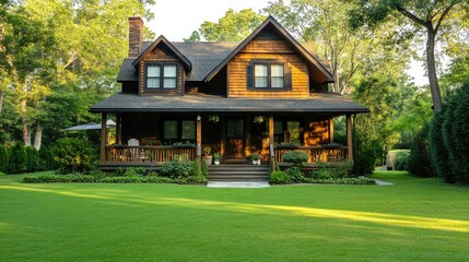 A medium-sized house with a rustic design, wooden siding, and a welcoming front porch, surrounded by a lush green lawn, ideal for a countryside retreat.