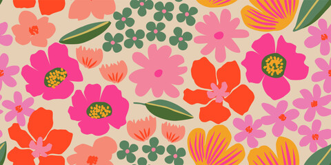 Exotic hand drawn flowers, seamless patterns with floral for fabric, textiles, clothing, wrapping paper, cover, banner, home decor, abstract backgrounds.