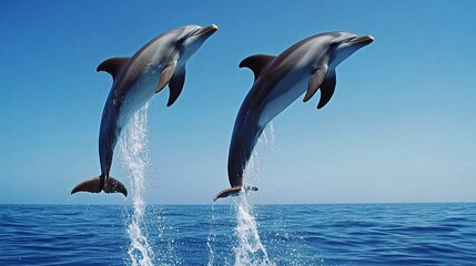 Fototapeta premium Couple dolphins jumping on the water with bright blue sky .generative ai