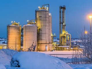 Obraz premium Industrial structures illuminated against a winter dusk at a manufacturing plant