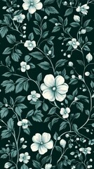 Seamless Floral Decorative Pattern on Deep Green Background