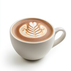 Artful latte with heart-shaped foam design in a classic white cup on a bright surface