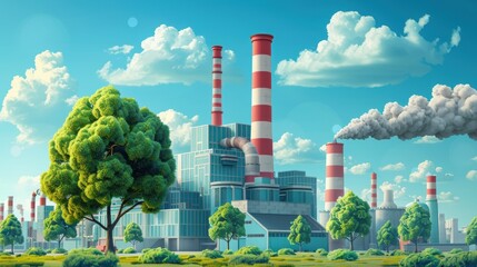 Obraz premium A factory with a large red and white chimney and a tree in the foreground