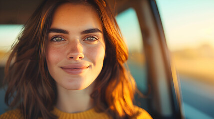 Smiling Woman Driving Her Car And Enjoying 