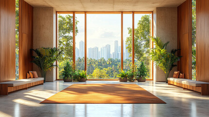 A modern, minimalist living room with a view of a city.