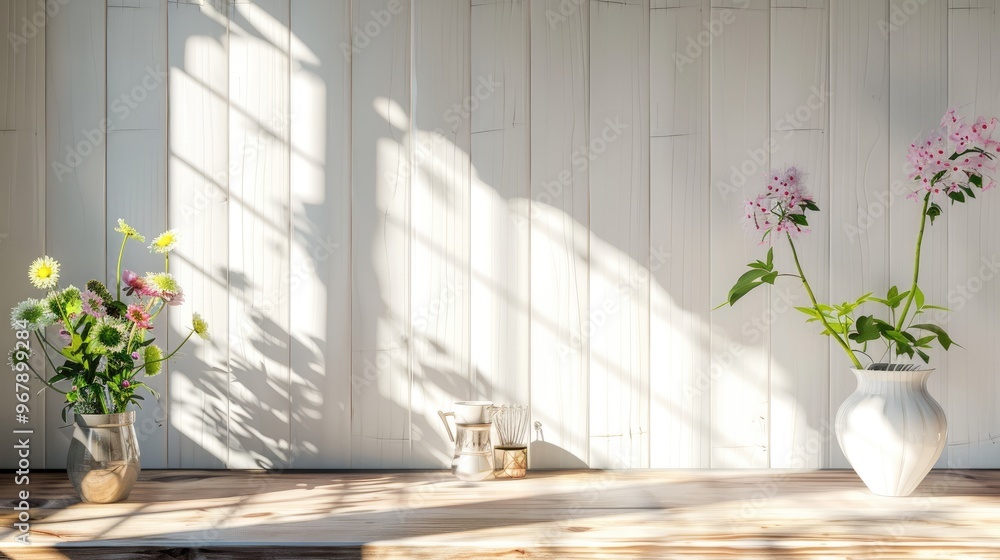 Wall mural Free space kitchen interior with white wall shadows in sunny morning for Easter table composition with spring flowers.