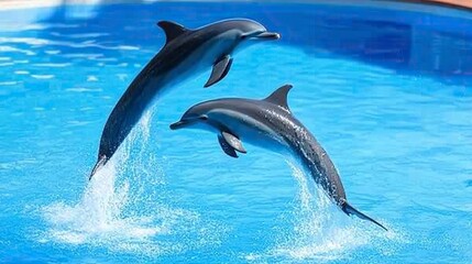 Obraz premium Couple dolphins jumping on the water with bright blue sky .generative ai