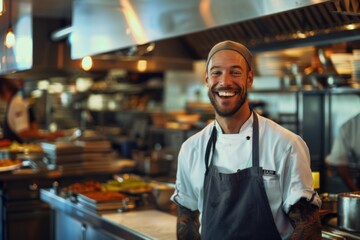 Fototapeta premium Portrait of a smiling American chef in commercial kitchen