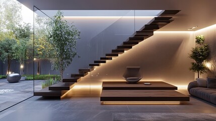 Fototapeta premium A modern luxury staircase with floating wooden steps, glass balustrades, and soft ambient lighting, creating a sleek and sophisticated atmosphere in a high-end home.