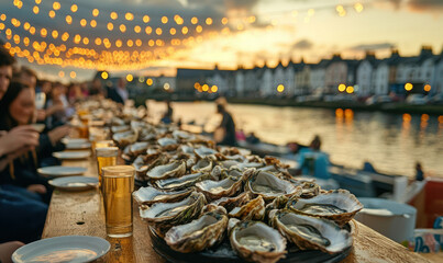 At an oyster festival, a long table is filled with fresh oysters, with the city as a backdrop. A festive scene combining seafood indulgence and urban charm