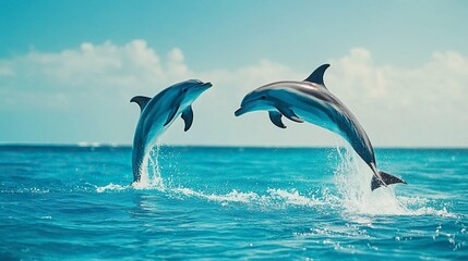 Couple dolphins jumping on the water with bright blue sky .generative ai