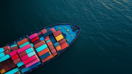 Fototapeta premium Aerial view of a cargo ship with colorful containers sailing in open water, representing global trade and logistics.