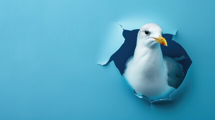 Obraz premium cute ring-billed gull peeking through a hole in a blue paper wall