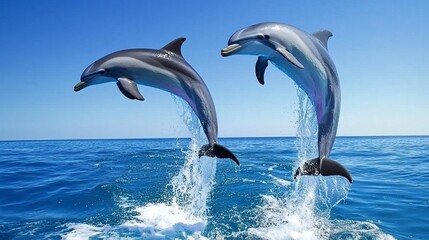 Obraz premium Couple dolphins jumping on the water with bright blue sky .generative ai