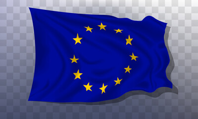 Flag of European Union, 3d realistic render on a transparent background. The flag twists in the wind, realistic shadows and light. Officially sign of the united Europe.
