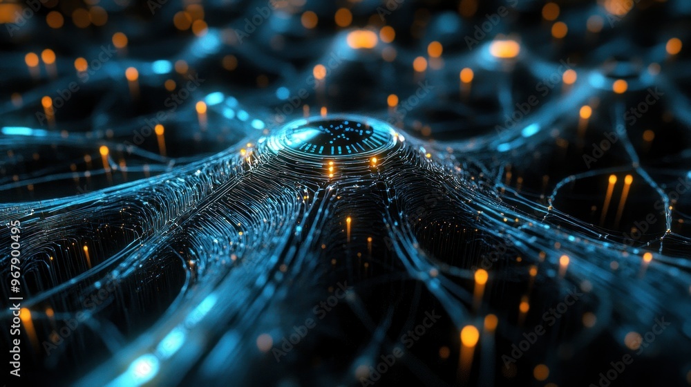 Poster abstract digital neural network with glowing lines and lights