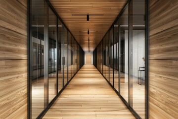 Corridor of company with wooden walls vertical poster and conference room with glass walls