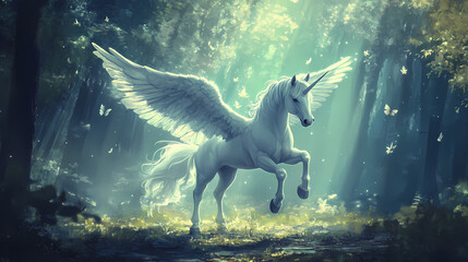 A fantastical, mystical, flying horse, unicorn, and pegasus with a realistic setting. beautiful unicorn in the forest, dazzling in soft pastel hues for a wallpaper illustration. Pegasus. Illustration