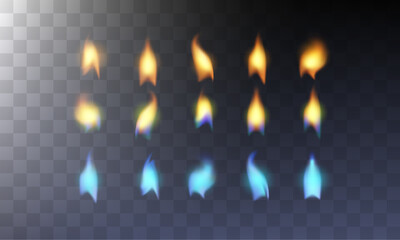 Cute gas lights with blue and orange flame isolated on dark transparent background. Different forms and colors stage. Realistic lights of a lighter or gas burner sway in the wind