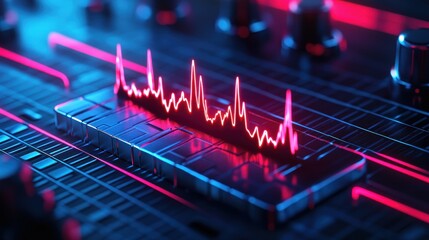 Close-up of a vibrant sound wave display on a modern audio mixer, showcasing dynamic audio frequencies in a colorful, digital format.