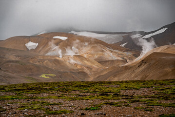 Geothermal Valley with Steam Vents and Lush Greenery