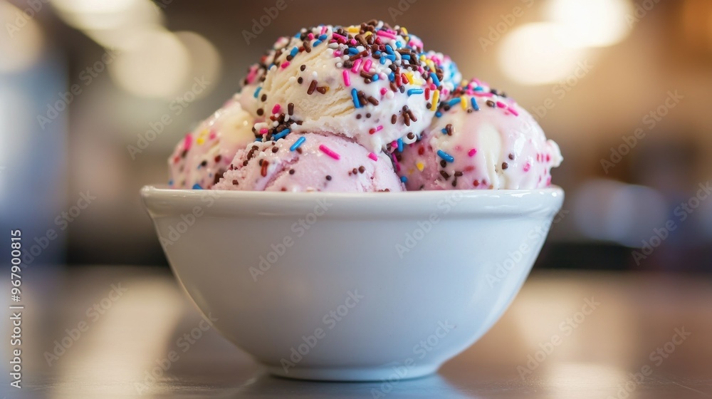 Sticker A bowl of ice cream scoops topped with colorful sprinkles, perfect for a sweet treat.