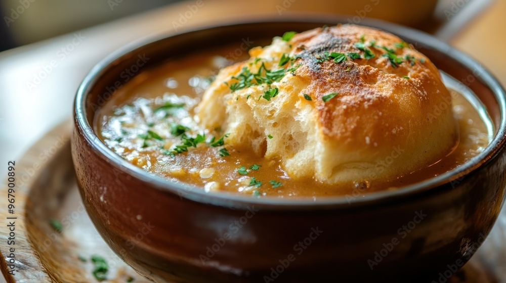 Wall mural A bowl of savory soup topped with a golden biscuit and garnished with herbs.