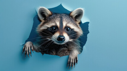 Obraz premium cute raccoon peeking through a hole in a blue paper wall