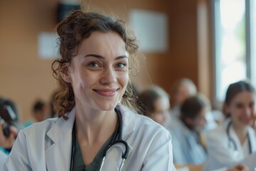 Portrait of a smiling young female doctor at medical training in seminar room