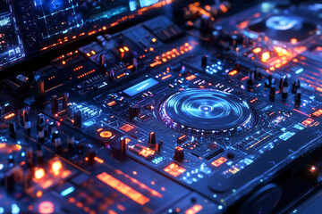 Fototapeta premium Futuristic DJ booth spinning cosmic beats amidst the vastness of outer space