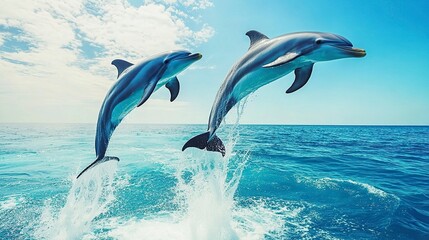 Obraz premium Couple dolphins jumping on the water with bright blue sky .generative ai