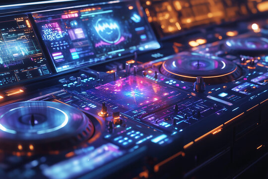 A vibrant DJ booth in outer space mixes cosmic beats during an interstellar dance party