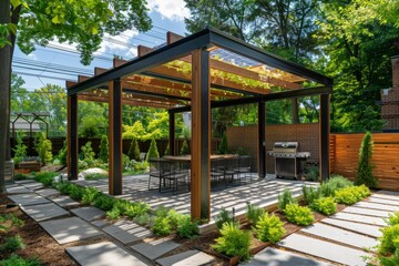 Naklejka premium Solar panel pergola in urban setting