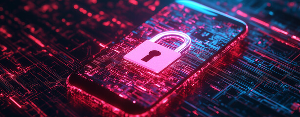 A digital world secured with a padlock symbol overlay on a vibrant smartphone interface