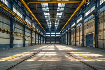 Fototapeta premium Interior of a modern industrial building with metal structures and yellow markings