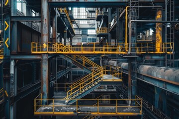 Interior of a modern industrial building with metal structures and yellow markings