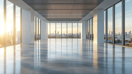 Fototapeta premium A wide, empty office space with large windows overlooking a city skyline.