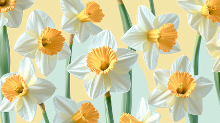 Artistic Daffodils Pattern with Delicate Green Leaves and Bright Yellow Blooms for Textile Decor