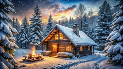 Fototapeta premium Rustic wooden cabin cozy fireplace crackling wood warmth comfort nesting snowflakes winter wonderland peaceful retreat tranquility serene woodland scene