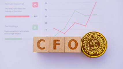 Wooden cube with the word CFO. It is an abbreviation of Chief Financial Officer. Business profitability success growth profitability analytics. Business and financial market concept.