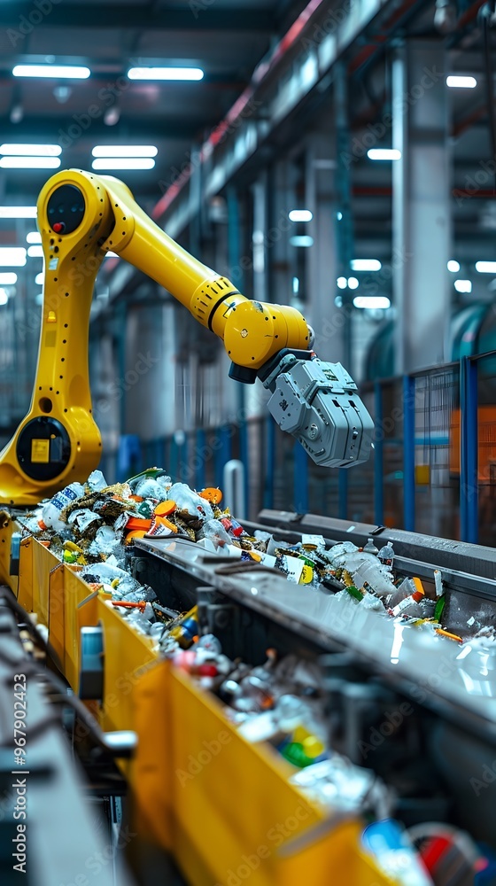 Poster high tech waste sorting robots optimizing recycling processes in industrial facility