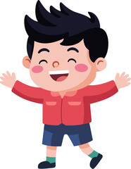 A young boy wearing a red shirt and blue shorts is smiling and waving.