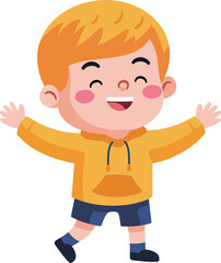 A young boy wearing a yellow shirt and blue shorts is smiling and waving.