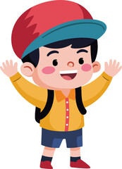 A young boy wearing a yellow shirt and blue shorts is smiling and waving.