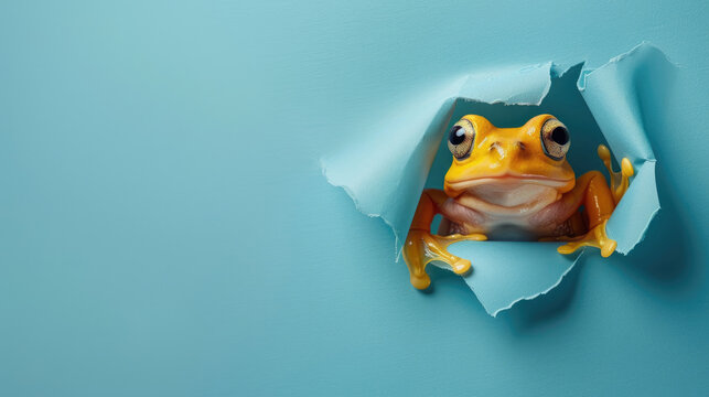 cute polliwog peeking through a hole in a blue paper wall