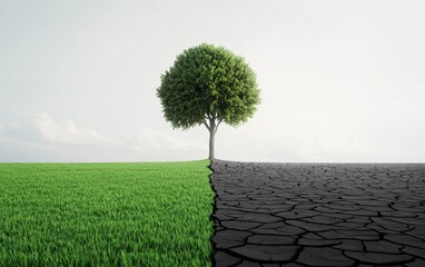 A single tree standing on the boundary between a thriving ecosystem with green grass and a desolate, dried-up wasteland, symbolizing the effects of environmental imbalance