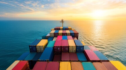 Cargo ship carrying colorful containers across the ocean at sunset, showcasing maritime transport and global trade.