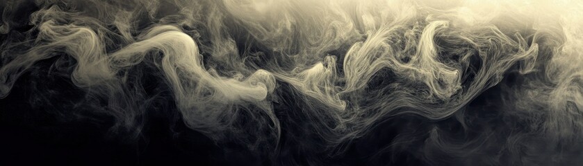 Obraz premium Abstract swirling smoke-like patterns in beige and grey tones against a black background.
