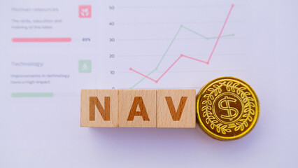 Wooden cube with the word NAV. It is an abbreviation of Net Asset Value. Business profitability...