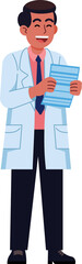 A man in a white lab coat is smiling and holding a piece of paper